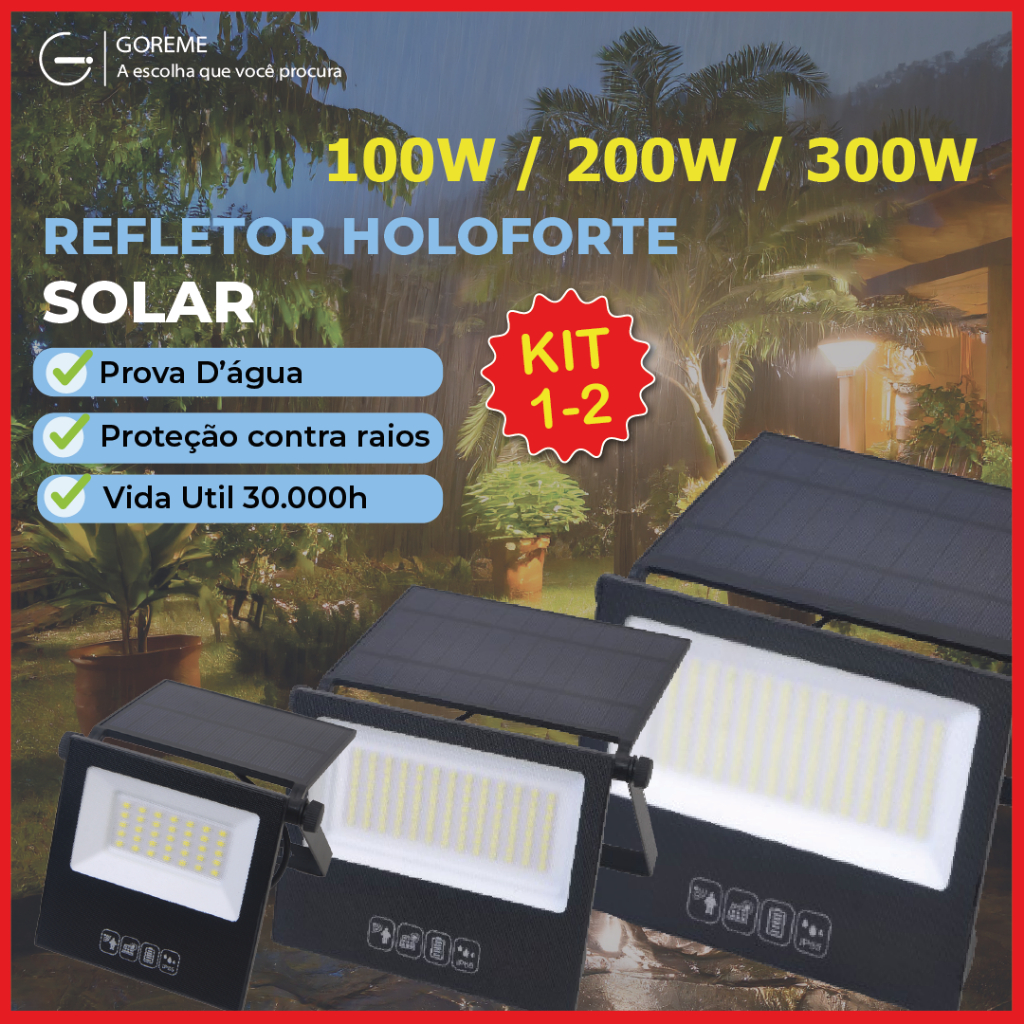 Kit 2 Refletor Solar Led 300w 200W 100W Placa Solar Luz Fria Prova Dágua Ajustável Dobrável Controle