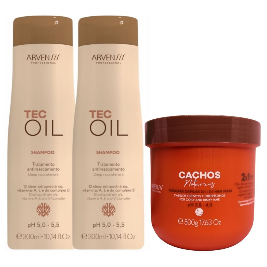 Kit Arvensis 2 Unidades Shampoo Tec Oil + 1 Máscara 2x1 Cachos