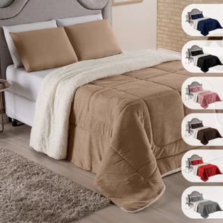 Coberdrom Casal Queen Size 2,40x2,10 Cobertor Edredom Pele De Carneiro Sherpa Dupla Face Frio Quente