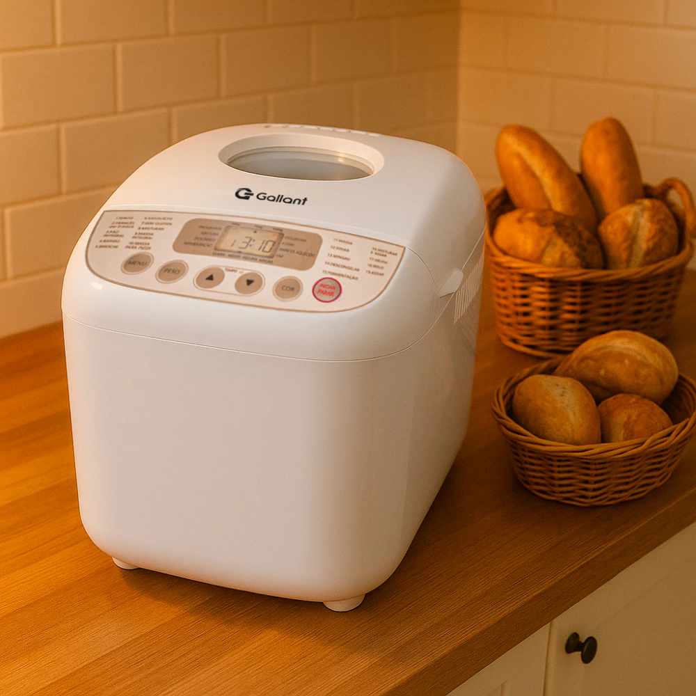 Panificadora Gallant branca em uma bancada de cozinha com cestas de pães ao lado.