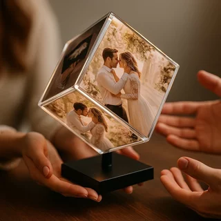 porta retrato cubo giratório com luz (led) personalizado com fotos