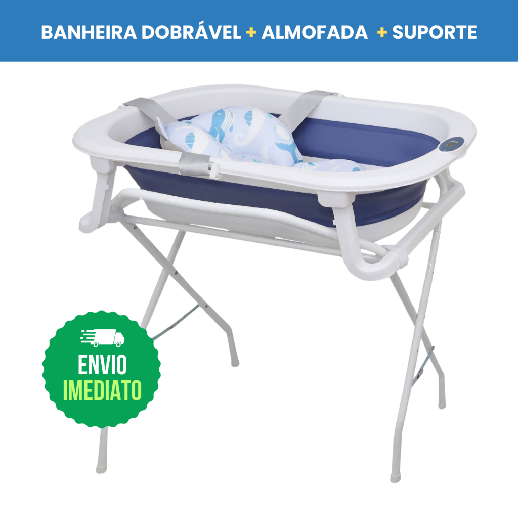 Banheira Dobrável com Suporte para Bebê + Almofada de Banho Menino ...