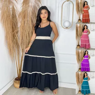Vestido Longo Feminino com Alça e Renda Caimento Leve e Elegante em Oferta na Shopee
