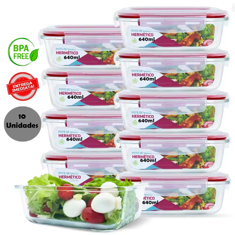 Conjunto 10 Potes 640ml Vidro Hermético 4 Travas Marmita