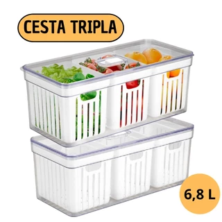 Kit 2 Organizador de Geladeira 6,8 Litros Com 3 Cesto Tampa Multiuso Alimentos Verduras e Vegetais