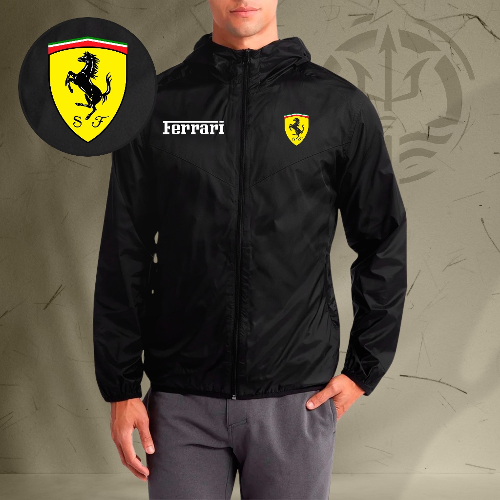 Jaqueta Corta Vento Masculina FERRARI Com Capuz, Bolso e