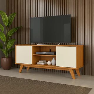 Rack Turim Para TV de até 50 Polegadas Com 2 Portas Pés Madeira Sala Nicho Divisórias
