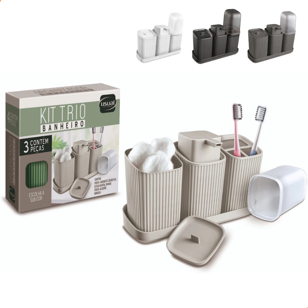 Kit 3 Acessórios Banheiro com Bandeja Dispenser Sabonete Líquido Porta Algodão e Porta Escovas