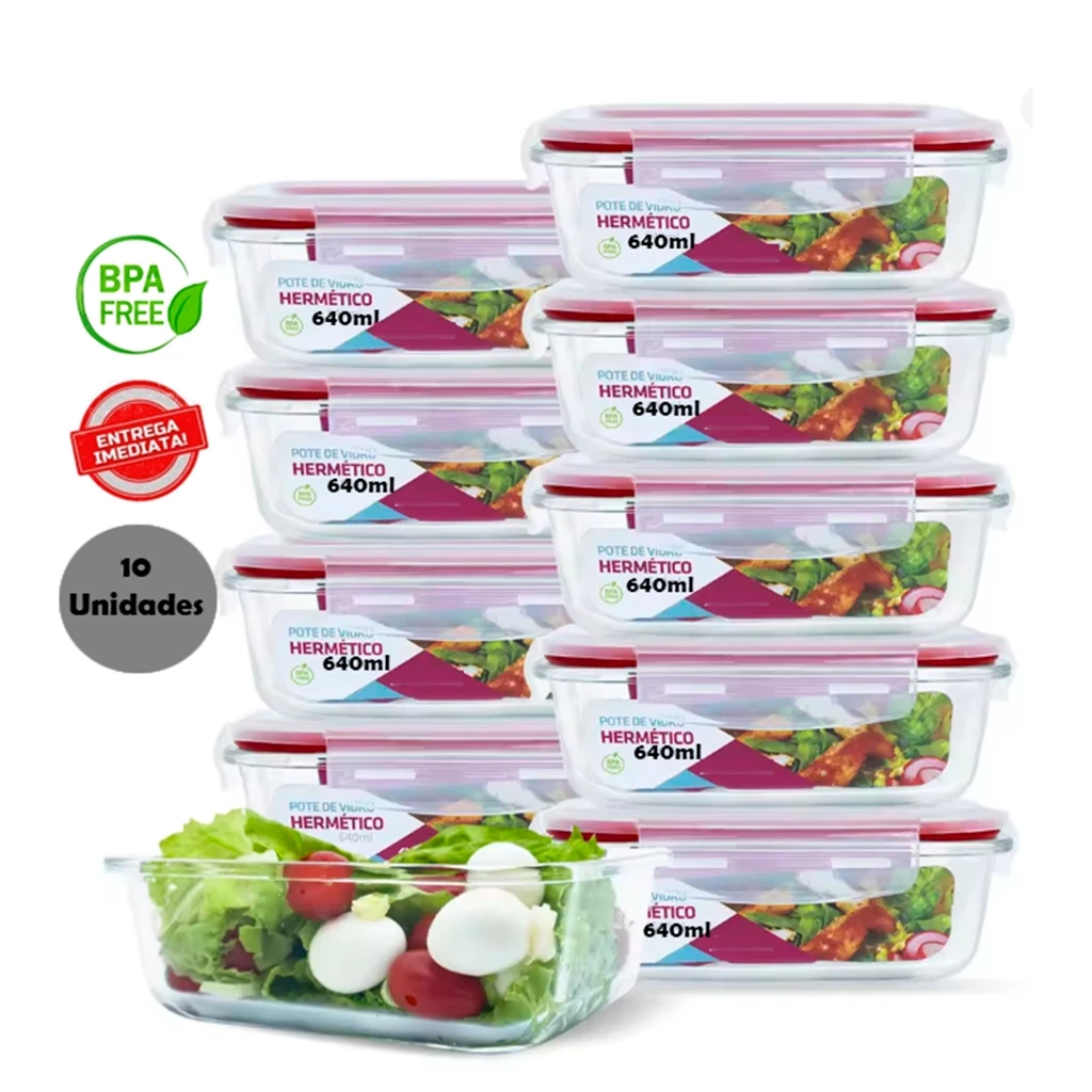 KIT 10 Potes 640ml Vidro Hermético 4 Travas Marmita