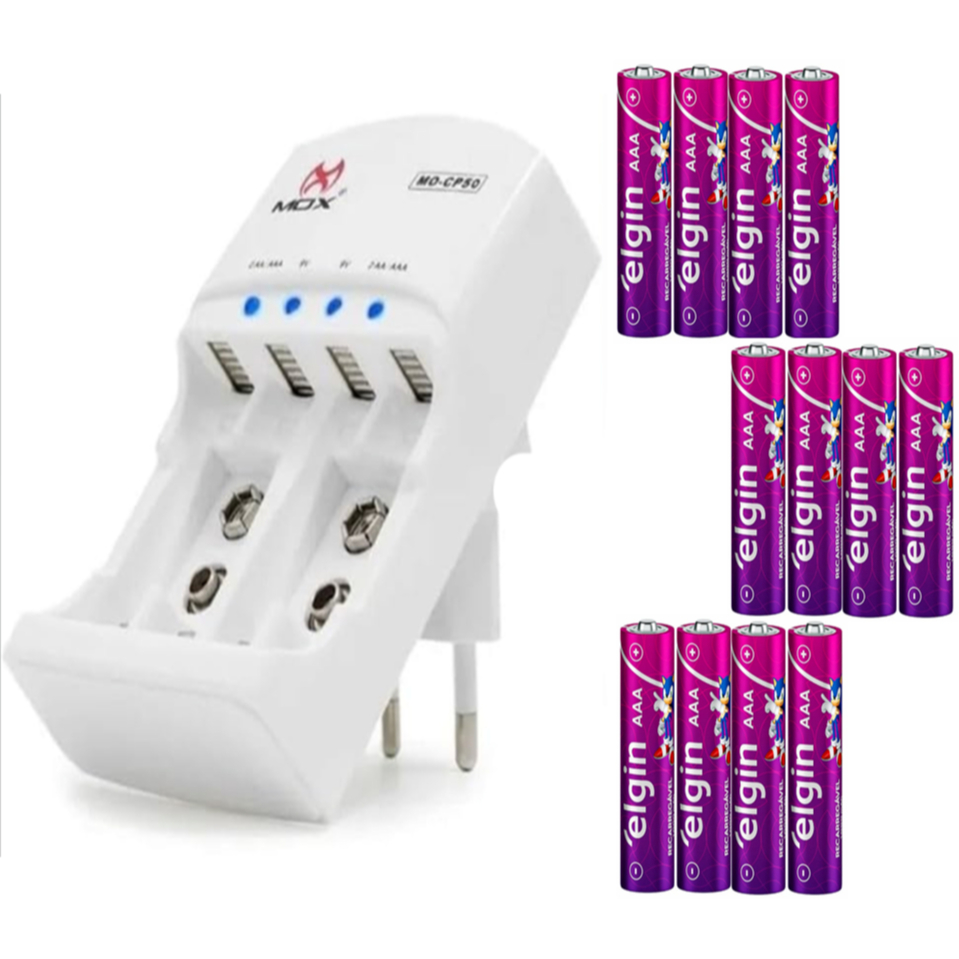 Kit Carregador Mox Com Pilhas Recarregaveis AA AAA 9V Elgin Duração até 1000 Cargas Escolha o Seu