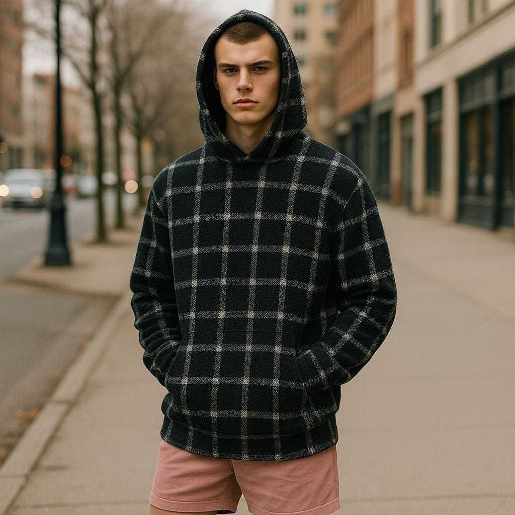 Blusa em Teddy xadrez Preto/Branco moda Masculino