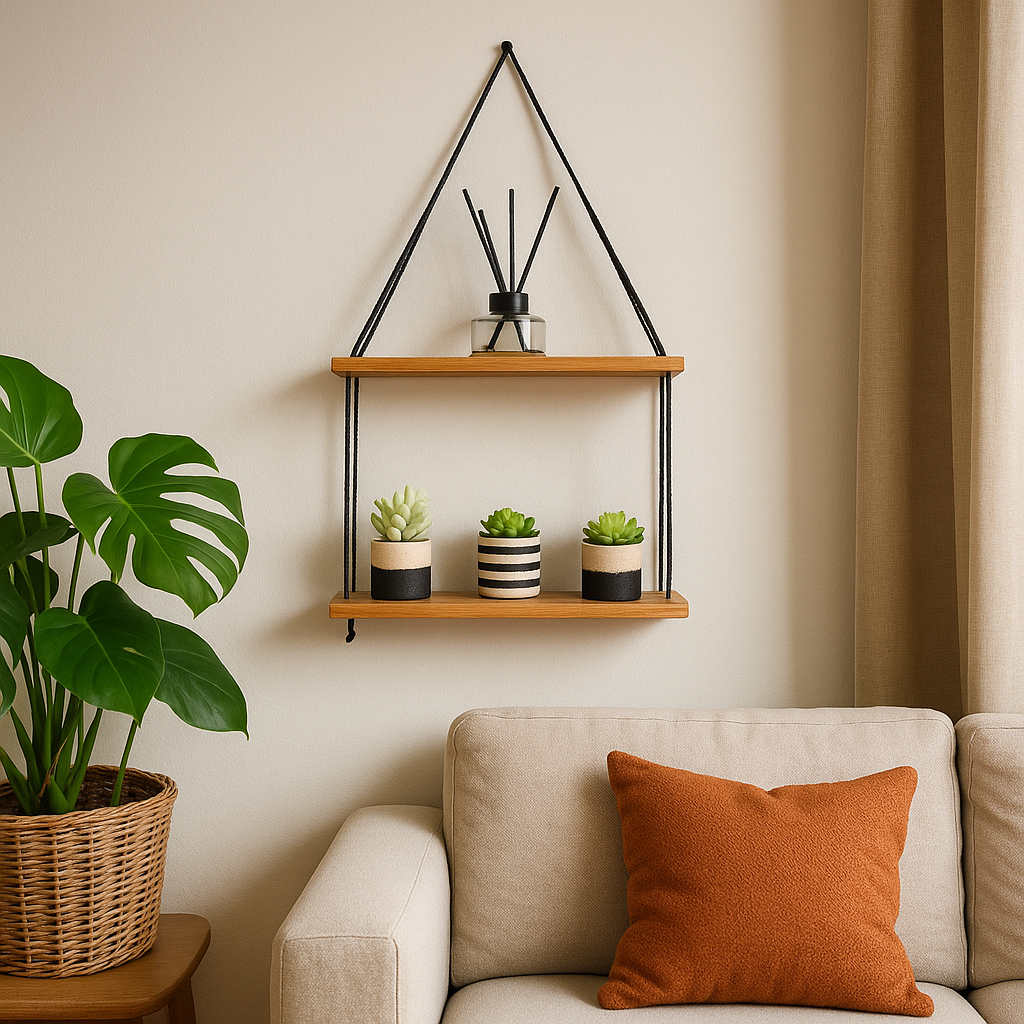 Imagem do produto Prateleira Suspensa Estante Decorativa de Madeira Corda preta Nicho Quarto, Banheiro, Sala e Cozinha 2