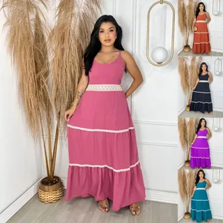 Vestido Longo Com Saia Em Marias e Alça Regulável Casual em Oferta na Shopee