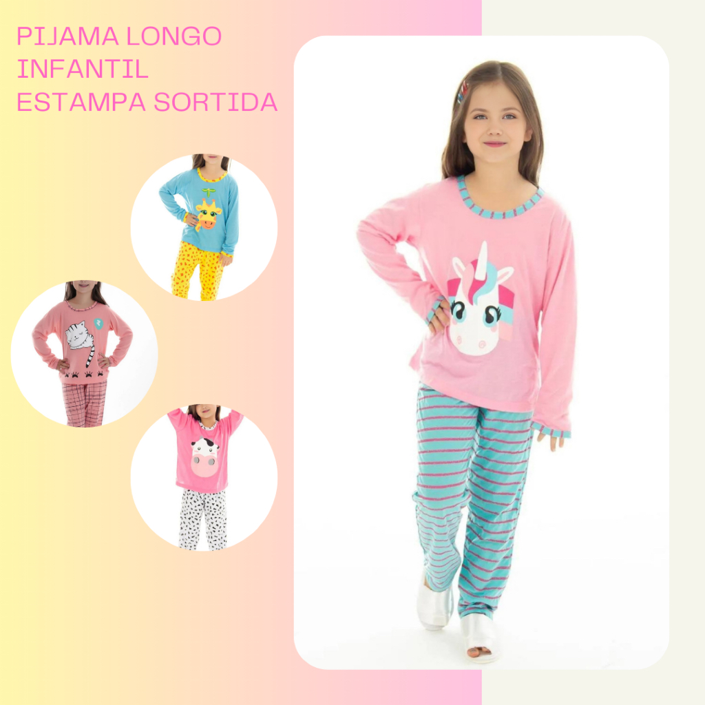 1 Pijama Longo Infantil Estampa Sortida Feminina Manga Longa de Frio Inverno em Oferta na Shopee