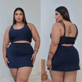 Conjunto Academia Plus Size Feminino com Saia Shorts e Top Alça Dupla – Bojo Removível