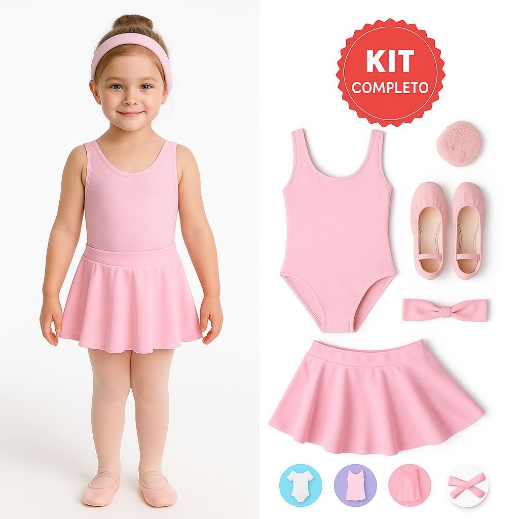 KIT COMPLETO Ballet Infantil PREMIUM 6 Itens Collant Regata + Saia de ...