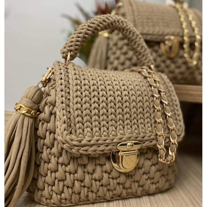 Bolsa transversal de ombro Luxo Alice em Crochê com Fios de Malha - Cor  Marrom Capuccino - SL MODAS