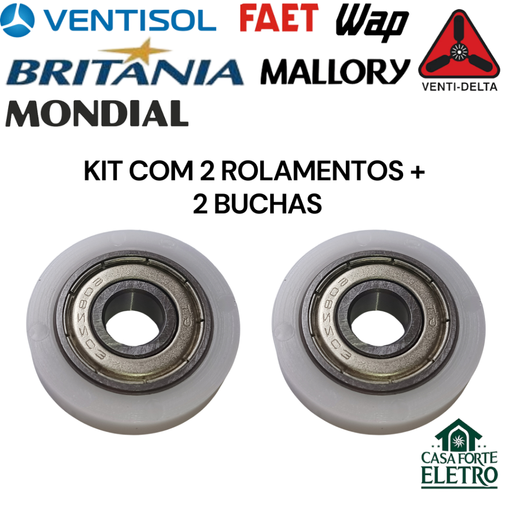 2 Rolamentos 608 + 2 Suportes Universais para Ventiladores Philco, Arno, Mondial, Wap, Faet
