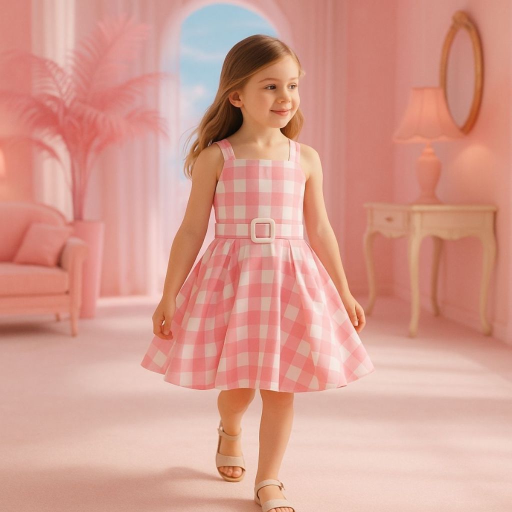 Vestido Infantil Festa Aniversário Xadrez Quadriculado Rosa Bebê