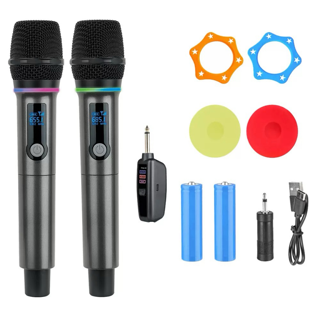 Kit 2 Microfones Dinâmico Sem Fio Profissional Recarregável Uhf