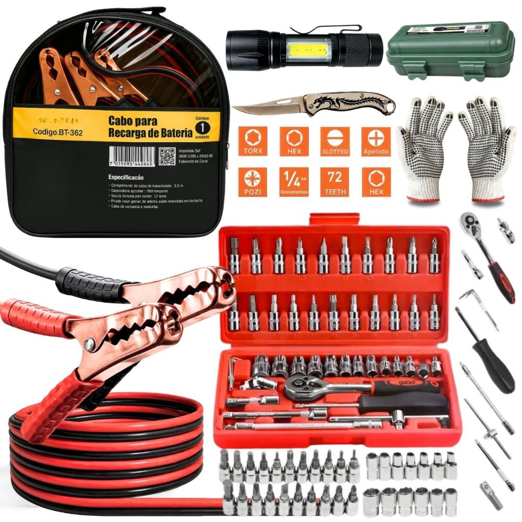 Kit de Ferramentas para Carro com Chave Catraca, Cabo Jacaré Alta ...