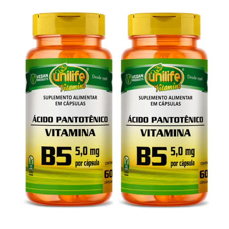 Kit 2 Un Vitamina B5 60 Cápsulas Vegana 5mg de Ácido Pantotênico Puro por Cápsula Unilife
