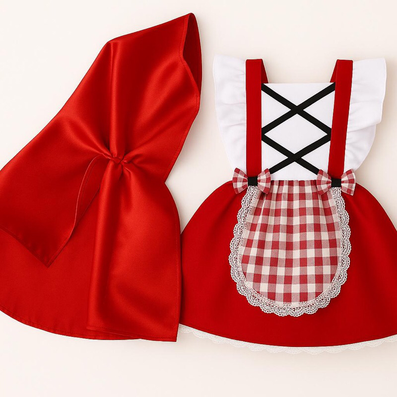 Roupa Fantasia Jardineira Chapeuzinho com avental e capa Shopee