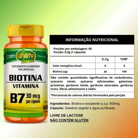 Kit Com 3 Un Vitamina B7 Biotina Pura 180 Cáps 500mg Cabelos Unhas e Pele Unilife