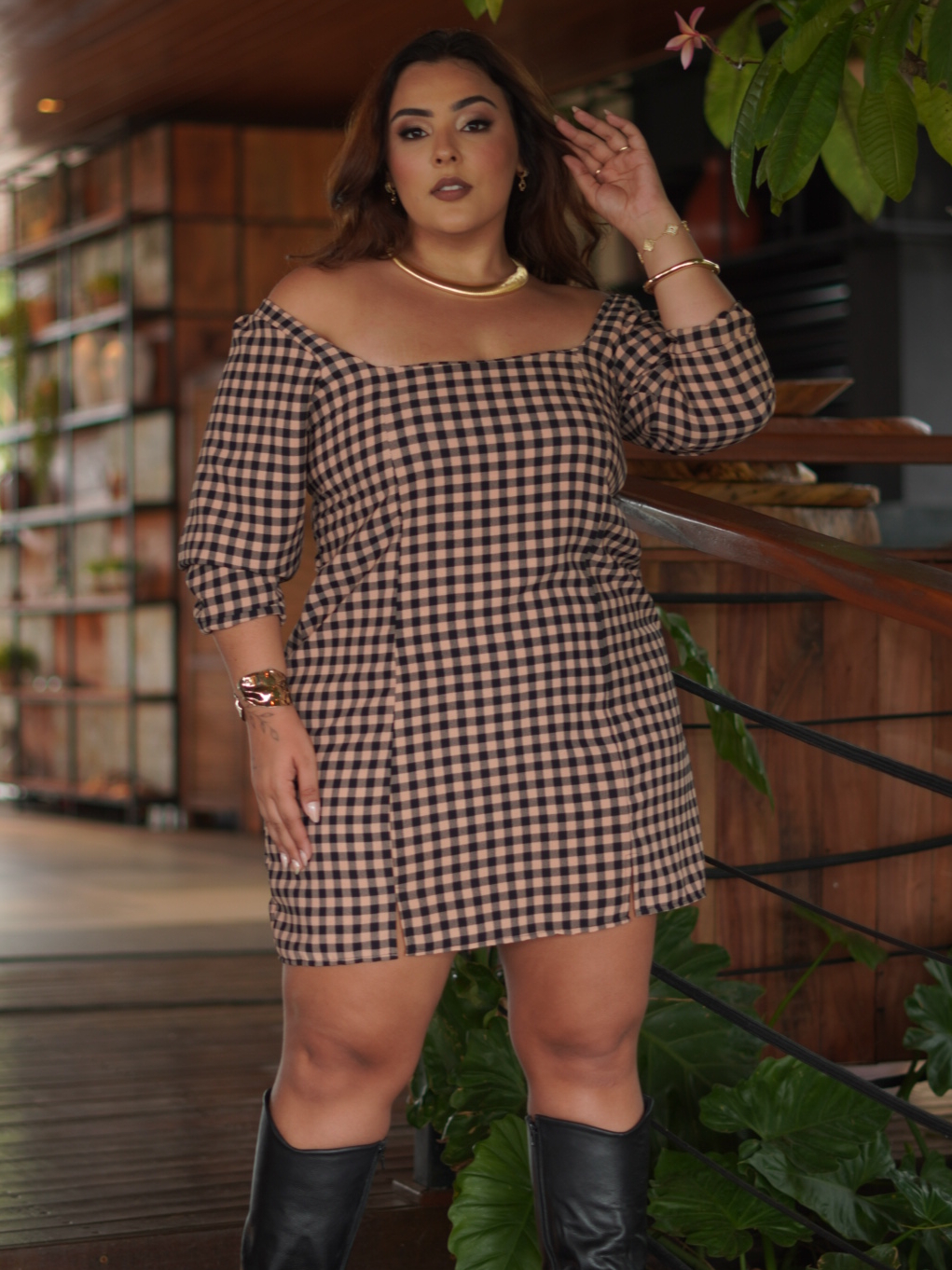 Vestido Xadrez Adulto Curto Plus Size Manga Inverno Afina Cintura