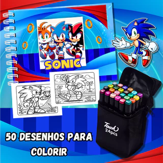 Kit Livro De Colorir Sonic 50 Folhas 180g Com 24/36/48 Canetinhas Profissionais