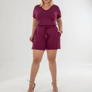 Conjunto Feminino Plus Size Viscolycra Short e Blusa Gola V , Casual Verão