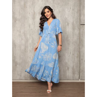 Vestido Longo Feminino Estampado Florido em Tecido Viscolinho Elegante e Confortável em Oferta na Shopee