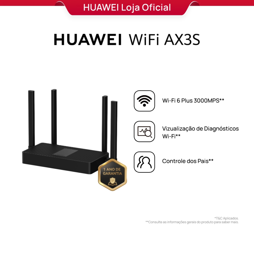 HUAWEI WiFi AX3S | Roteador | Wi-Fi 6+, 3000Mbps | Easymesh | HiConfig Preset | Preto