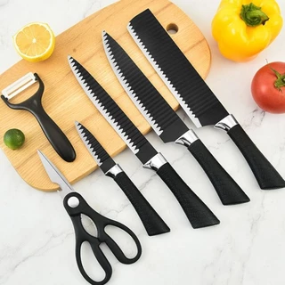 Kit facas de cozinha/Churrasco Profissional Antiaderente 6 Peças Preto/colorido
