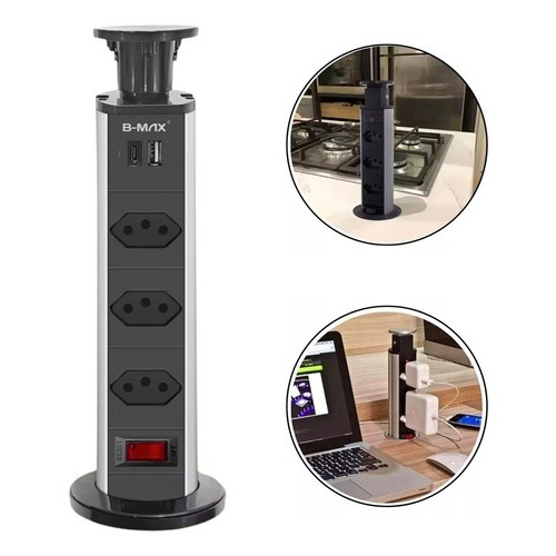 Torre de Tomada Multiplug 3 Tomadas Bivolt + 1 USB + 1 Tipo-C