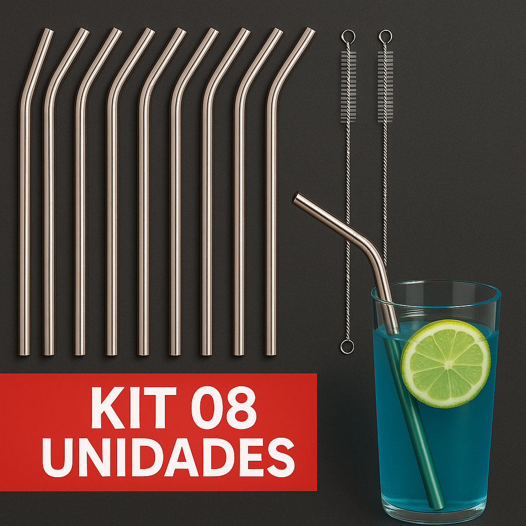 Combo 08 Canudos Inox Curvos com Escova Ecológico Reutilizáveis Laváveis