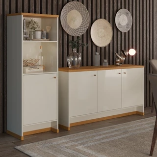 Conjunto Buffet Aparador Berlin Balcão 3 Portas Sala Jantar Estar Armário Livreiro