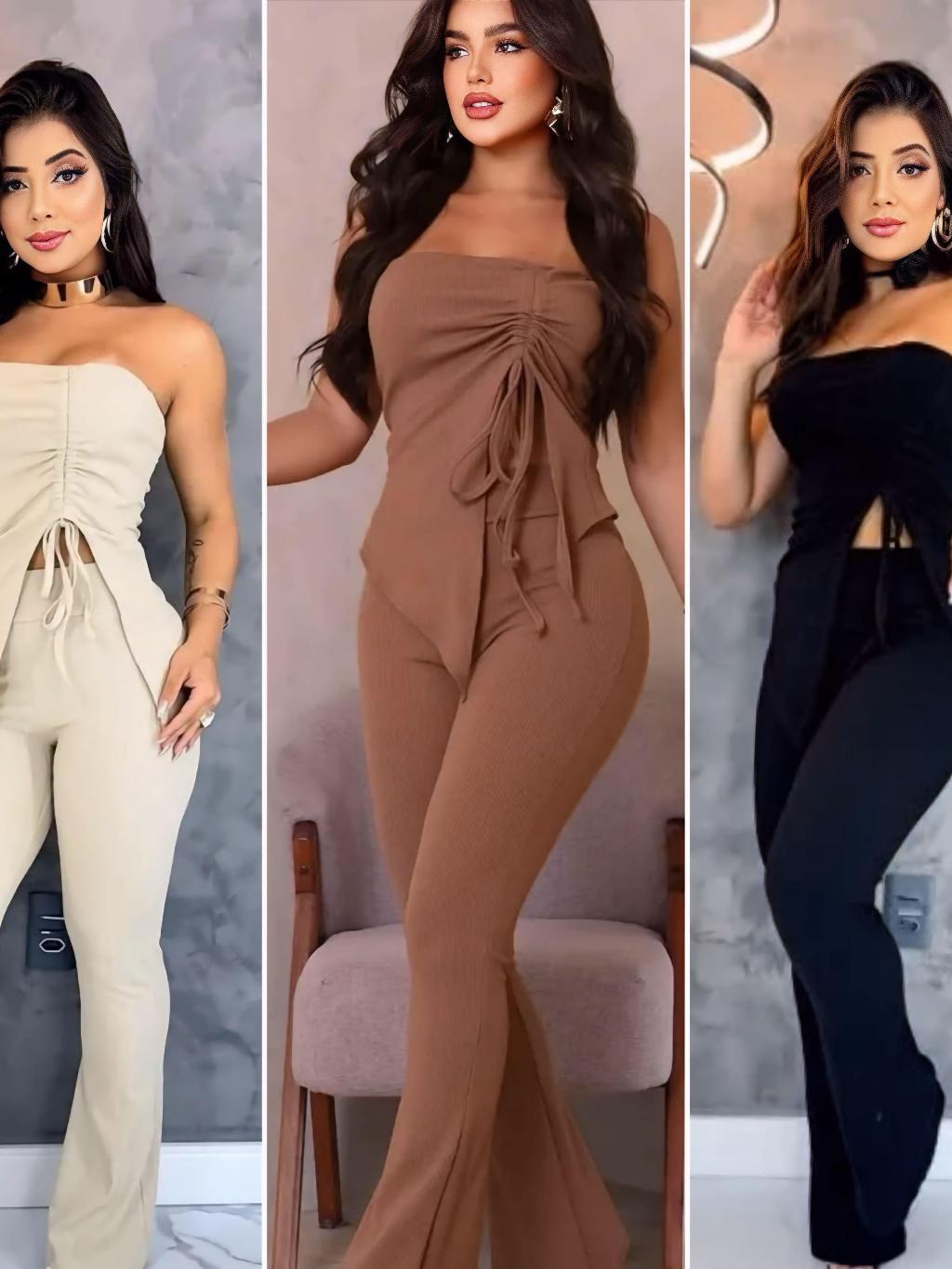 Conjunto Feminino Preto Elegante | Blusa Tomara que Caia + Calça