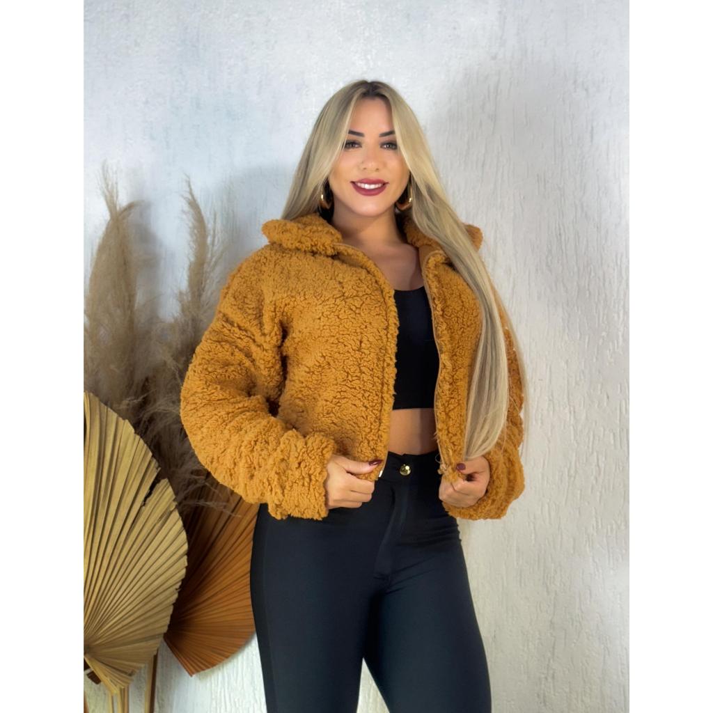 JAQUETA AMERICANA FEMININA PELO SINTÉTICO TEDDY SHERPA INVERNO