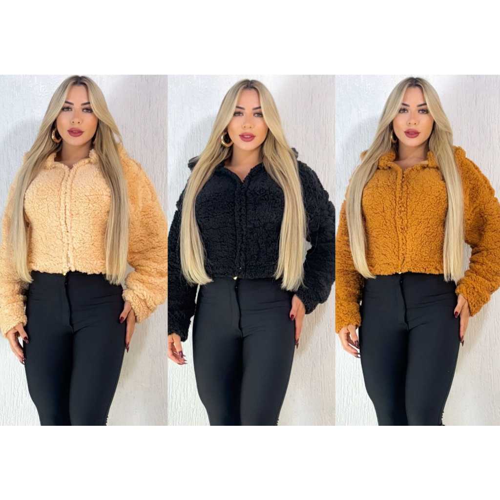 JAQUETA AMERICANA FEMININA PELO SINTÉTICO TEDDY SHERPA INVERNO