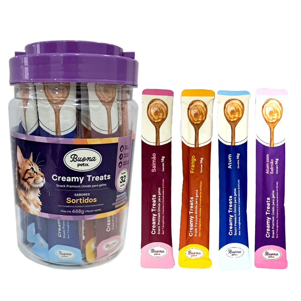 Petisco Para Gatos Buona Petix Creamy Pote Sortido 32 Tubos de 14g ...