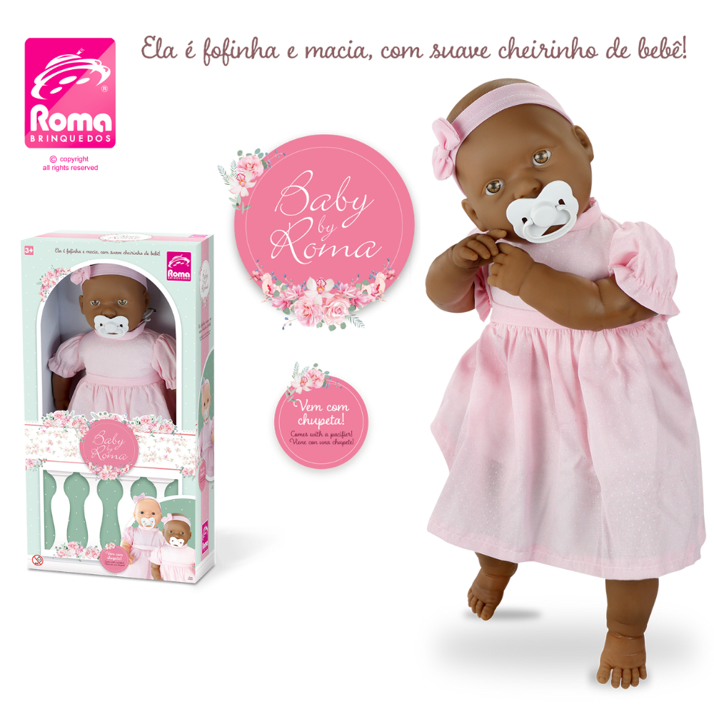 Boneca Bebê Negra 50cm Grande Baby Roma Cheirinho Chupeta Fofinha Macia ...