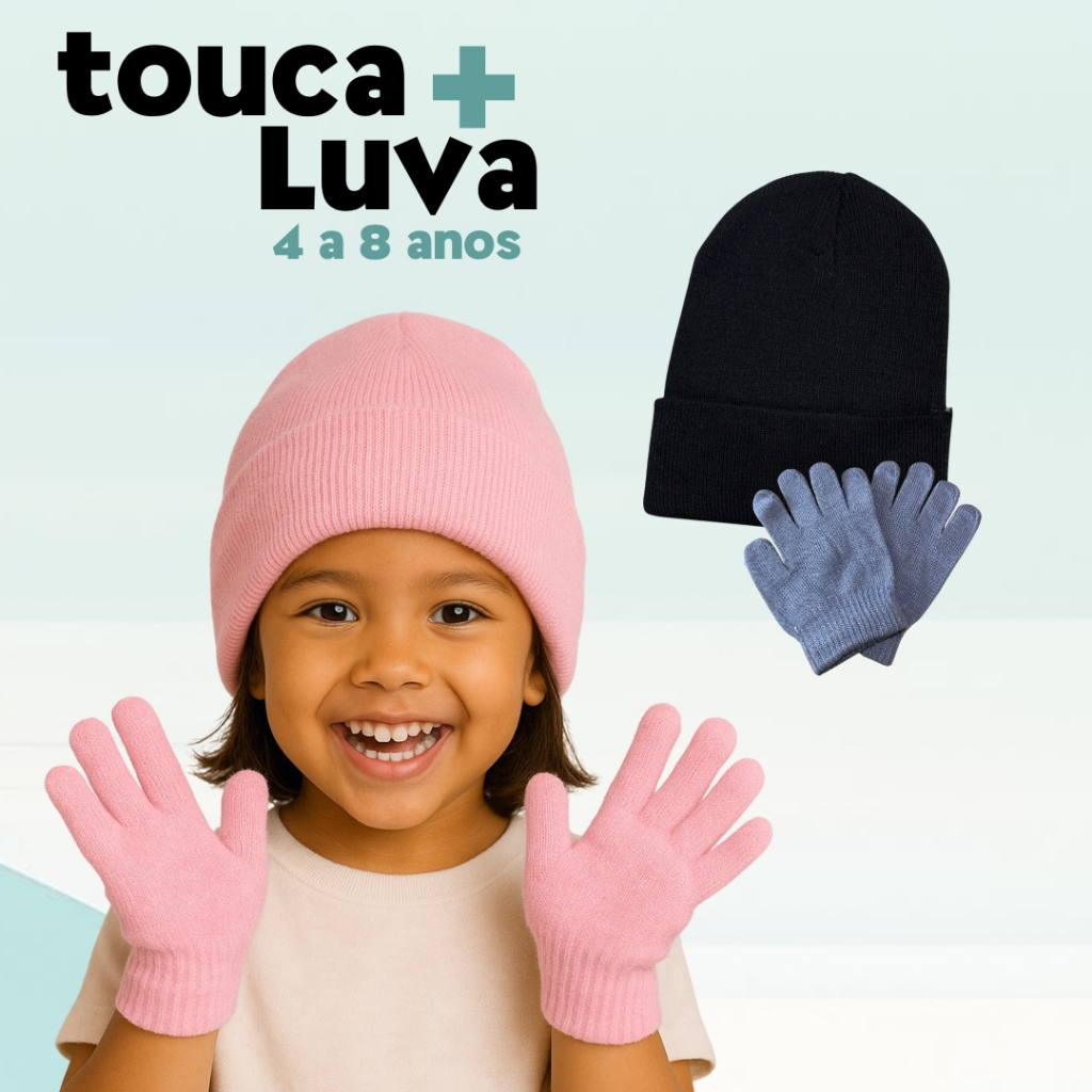 Kit Touca e Luvas Infantil 4 a 8 anos Inverno Frio Criança Escola ...