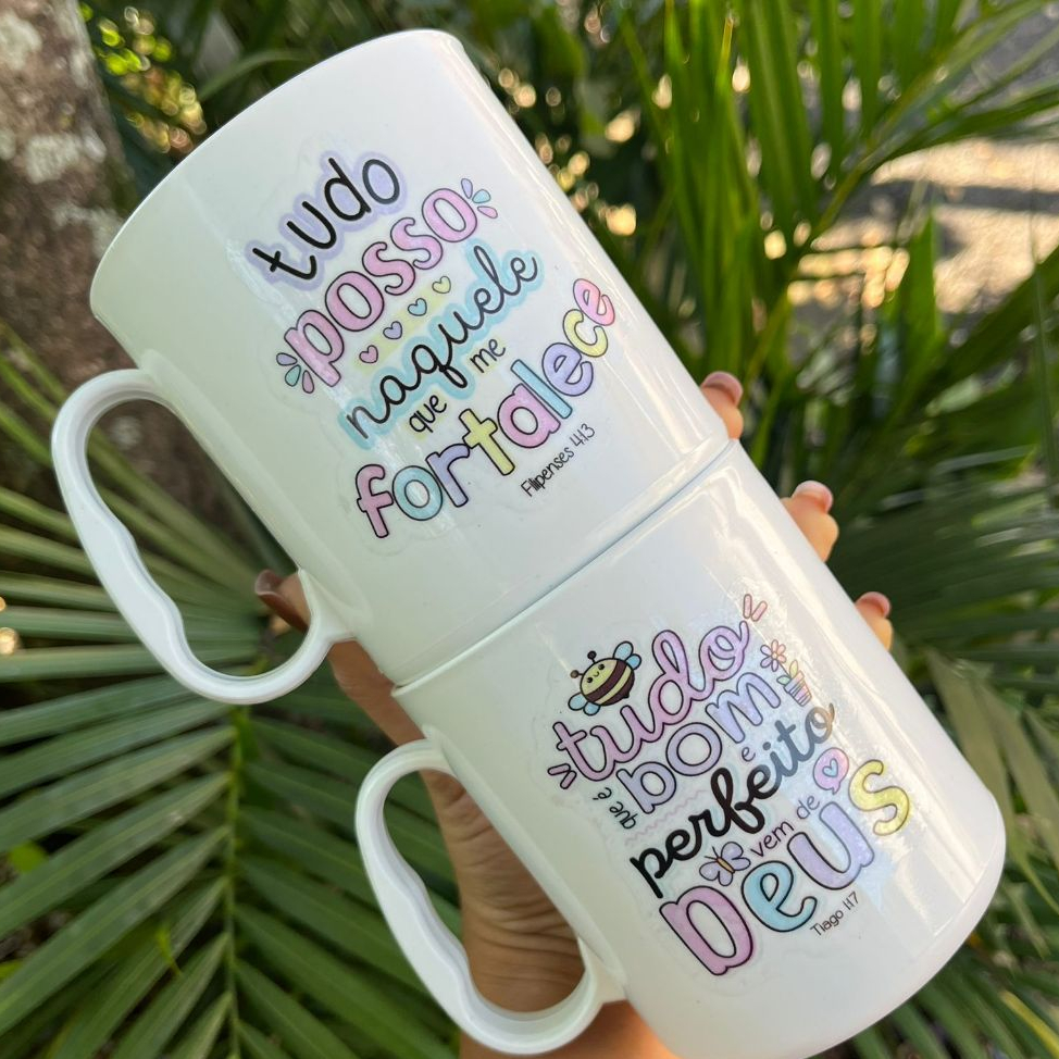 10-15-20 Canecas adesivadas Cristã frases biblicas lembrancinhas Presentes Escola Fé Cristã Igreja Deus