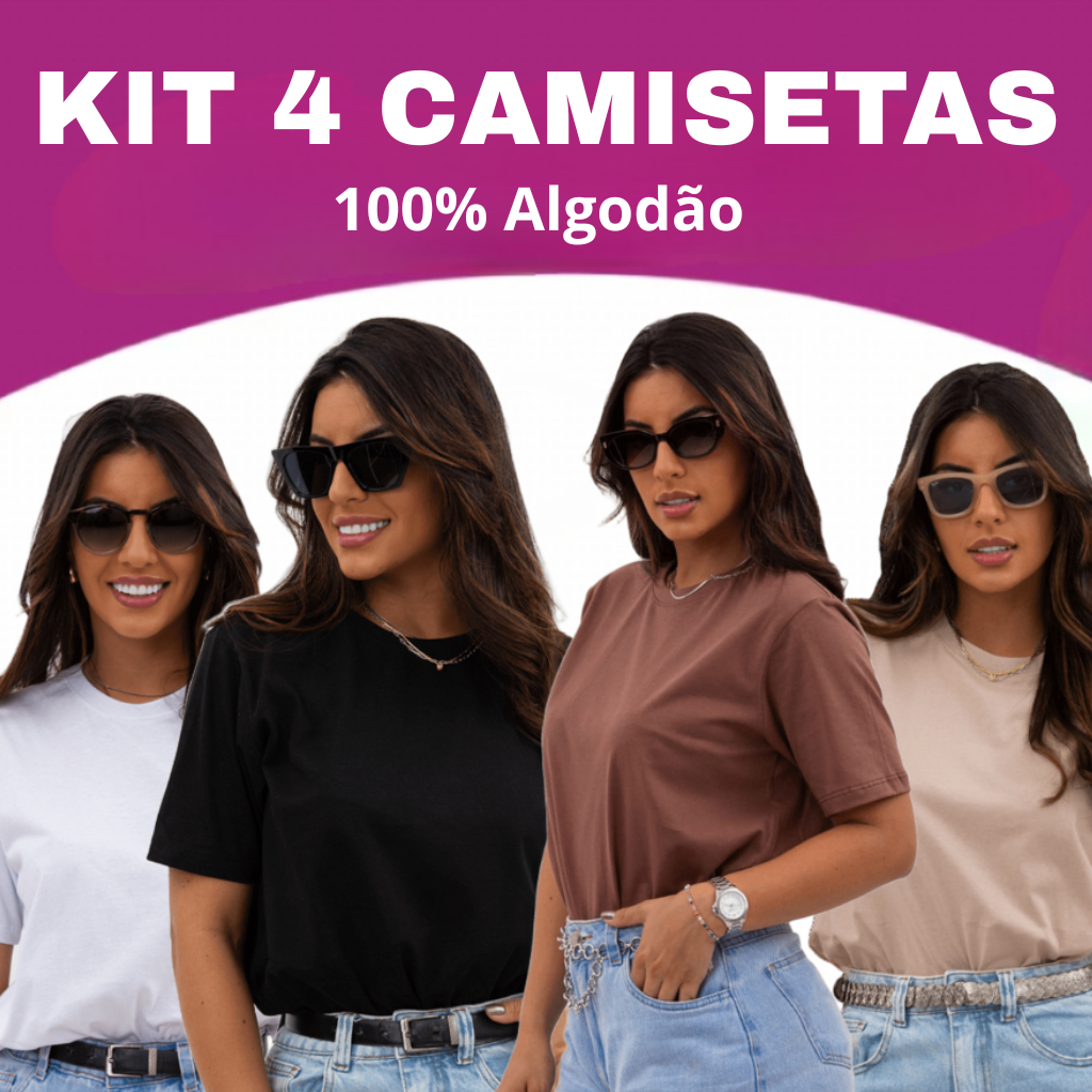 Kit 4 Camiseta Feminina Básica 100% Algodão T-shirt Várias Cores Envio ...