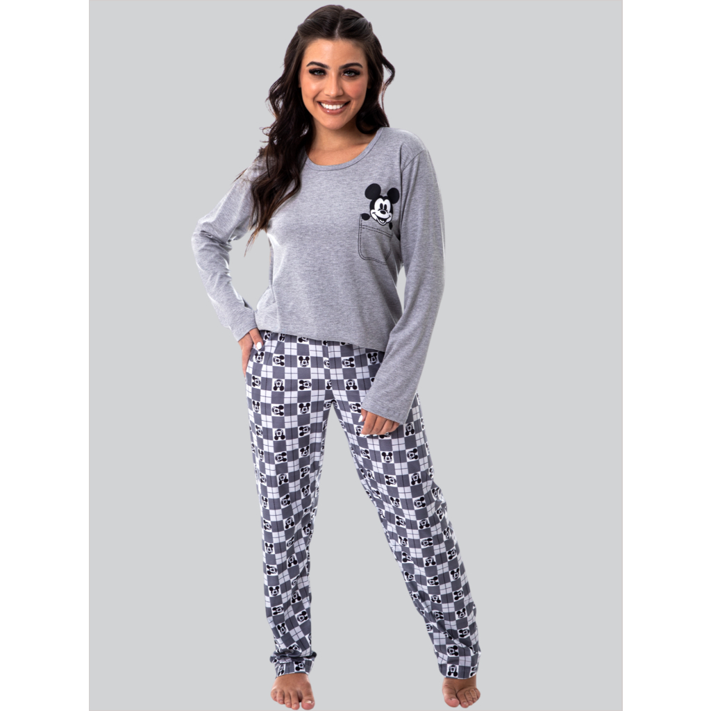 Pijama Feminino Inverno Lua Chic Mickey Cinza - Adulto Plus Size P ao G3 | Conforto com Estampa Divertida