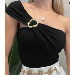 Cropped Feminino Argola Fivela com Bojo Moda Gringa Tecido Ribana Tecido Ribana