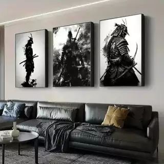Quadro Parede Decorativo Kit 3 Peças Samurais Preto e Branco Ninja Espada 122x60cm Vários Modelos
