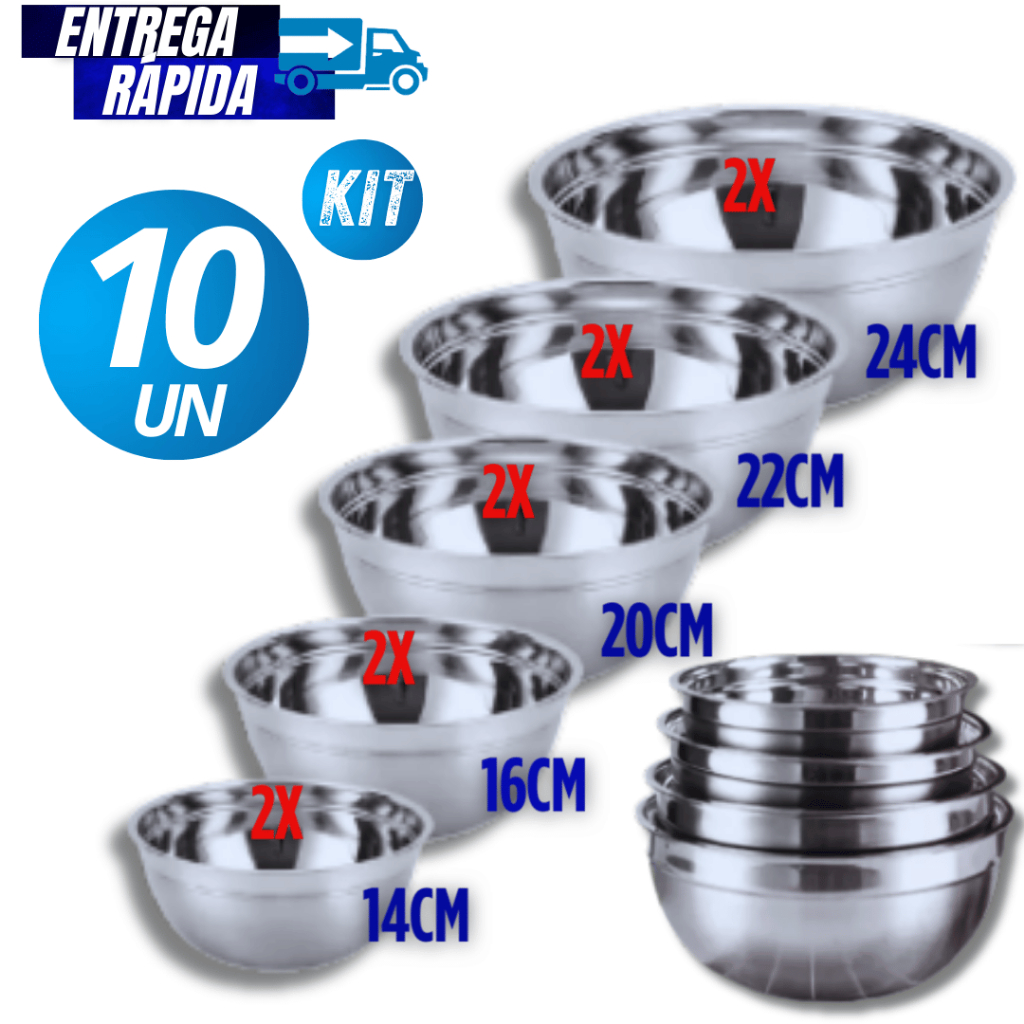 Conjunto 10/05 Peças de Tigela Bowl Inox com 5 Tamanhos dife