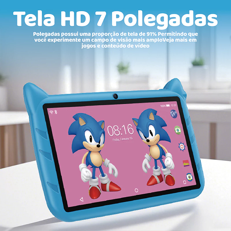 Detalhe da tela e botões do tablet infantil